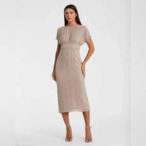 NWT Mac Duggal Beige Beaded Cap Sleeve Empire Waist Sheath Midi Dress | Sz 6